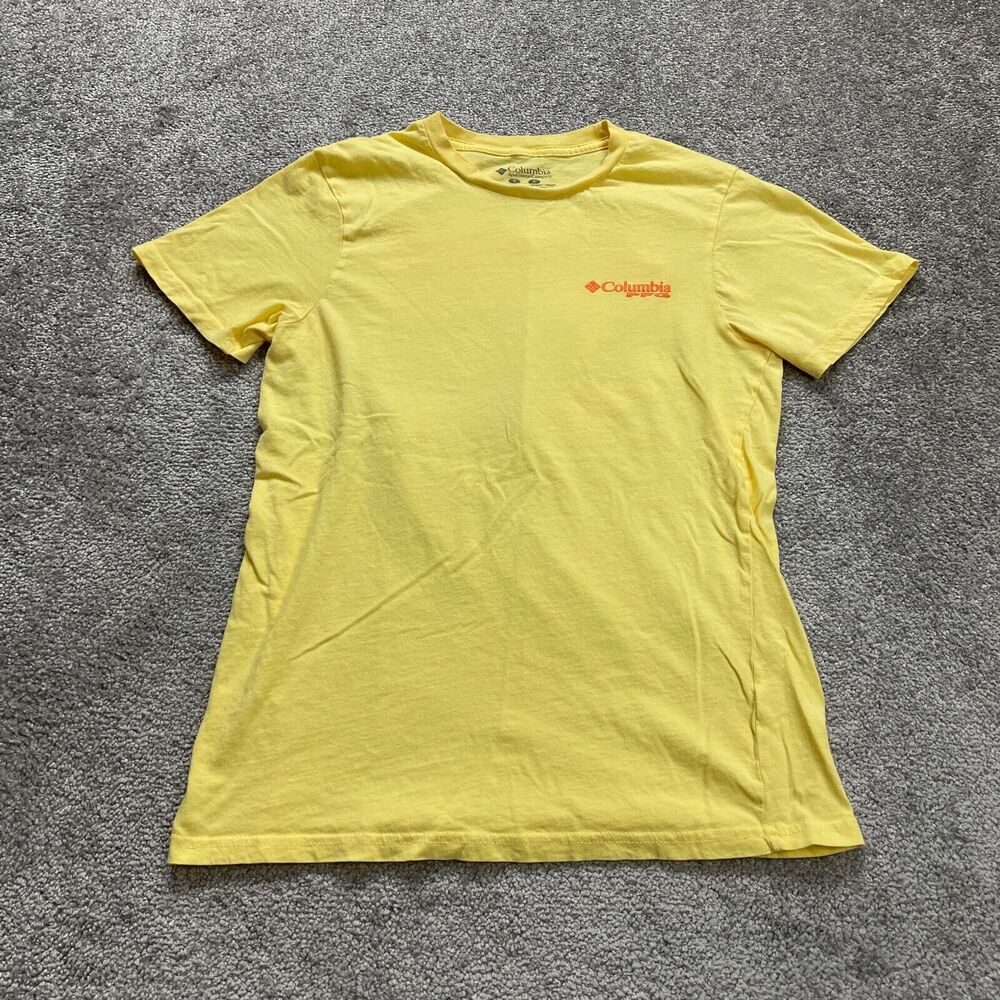 Columbia PFG Shirt Mens Small Yellow Crew Neck Short Sleeve Fishing Outdoor Top